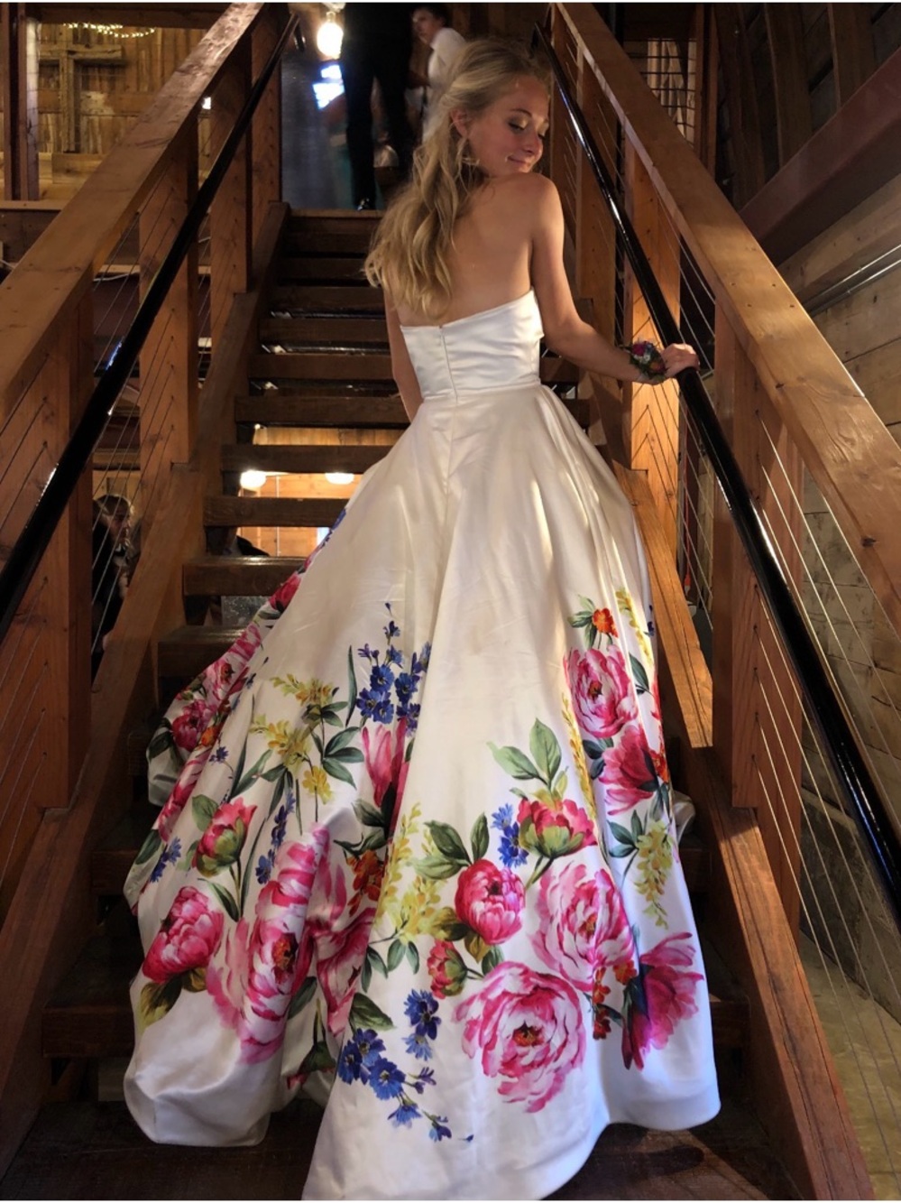 Sherri Hill White Strapless Ball Gown with Pink Floral Print